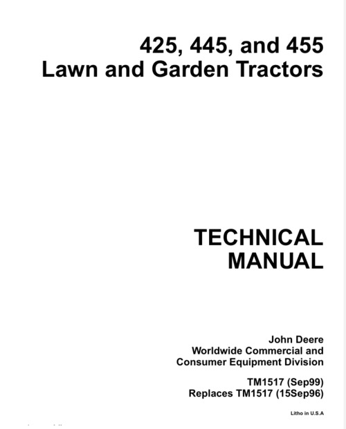Product picture John Deere 425, 445, 455 Lawn Tractors Technical Manual Serv